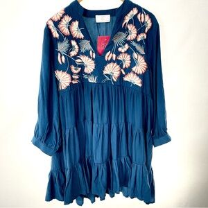 Two Cumberland Floral Embroidered V-Neck Babydoll Tiered Flowy Mini Medium